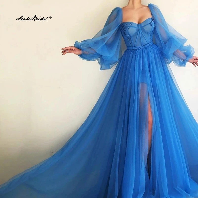 

Long Prom Dresses Long Puffy Sleeves Exposed Boning Illusion Evening Dresses High Slit Tulle A-Line Formal Dress