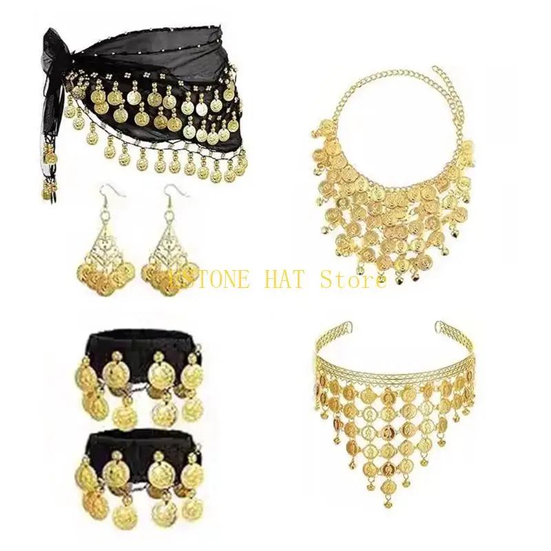 49MF Gypsy Costume Accessories Belly Dance Outfits Hip Scarf Wrap Belt Hip Scarf Bracelet Earrings Belly Dance Jewelry Set