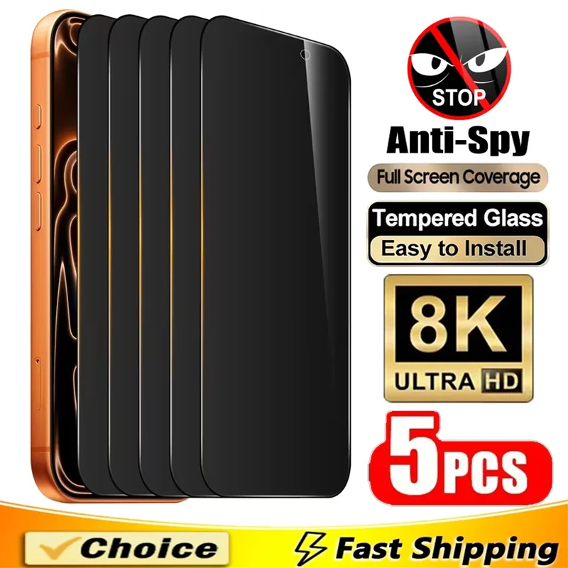 

5Pcs Privacy Glass For iPhone 16 15 14 11 12 13 17 Pro Max Screen Protector Anti-spy Tempered Glass For iPhone 15 Plus XR X XS