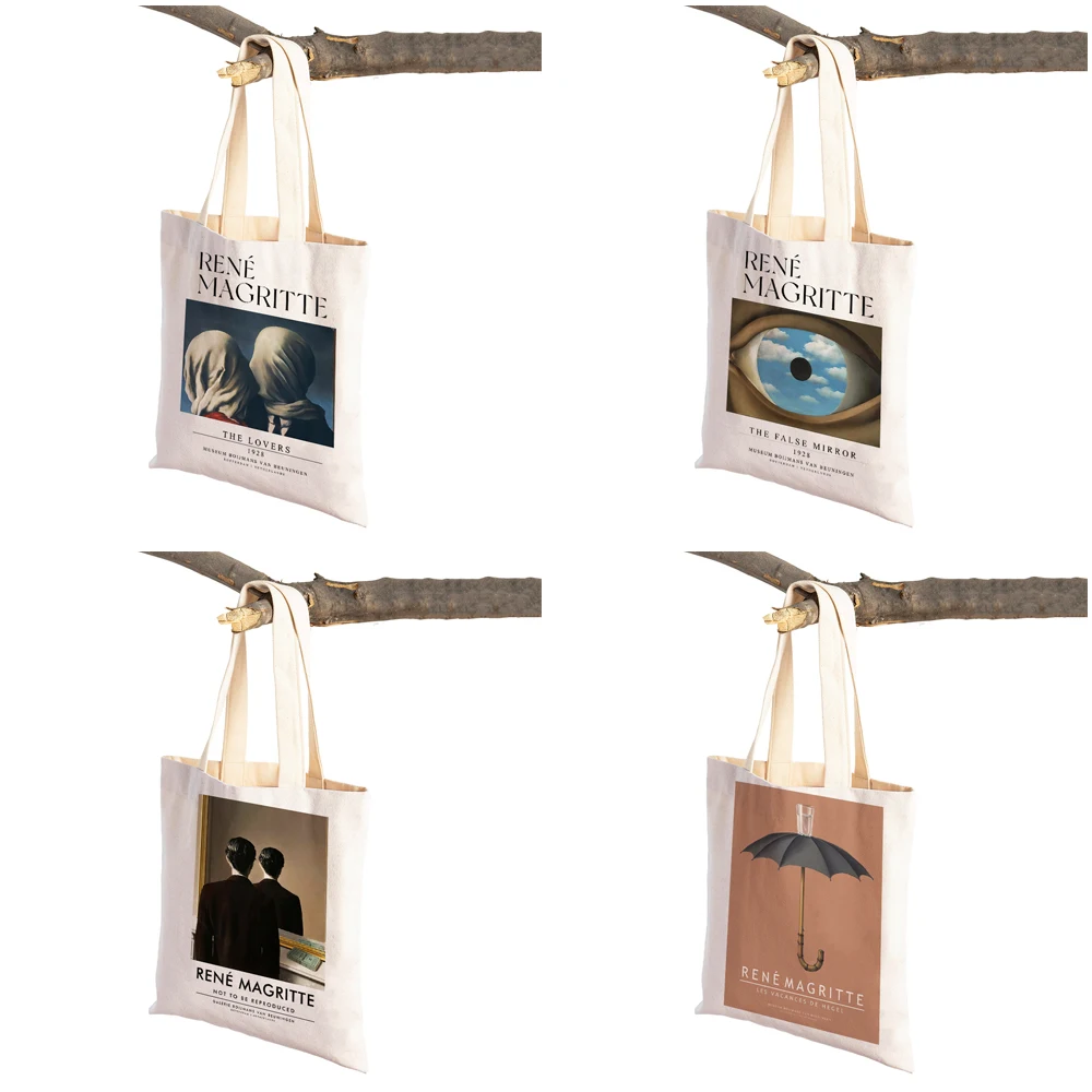 Magritte The Lovers Eye Pigeon Surrealism Lady Shopping Bag Supermarket Travel Tote Handbag Casual Canvas Women Shopper Bags