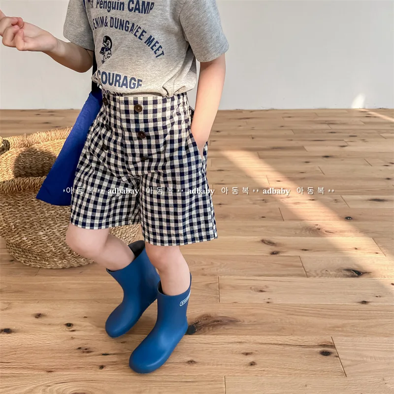 2025 Children's Clothing Summer New Girls' Korean Version Summer Clothing Linen Cotton Plaid High-waisted Shorts