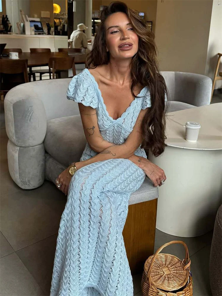 Ruffled Hollow-Out Knit Maxi Dress - V-Neck Beach Cover-Up