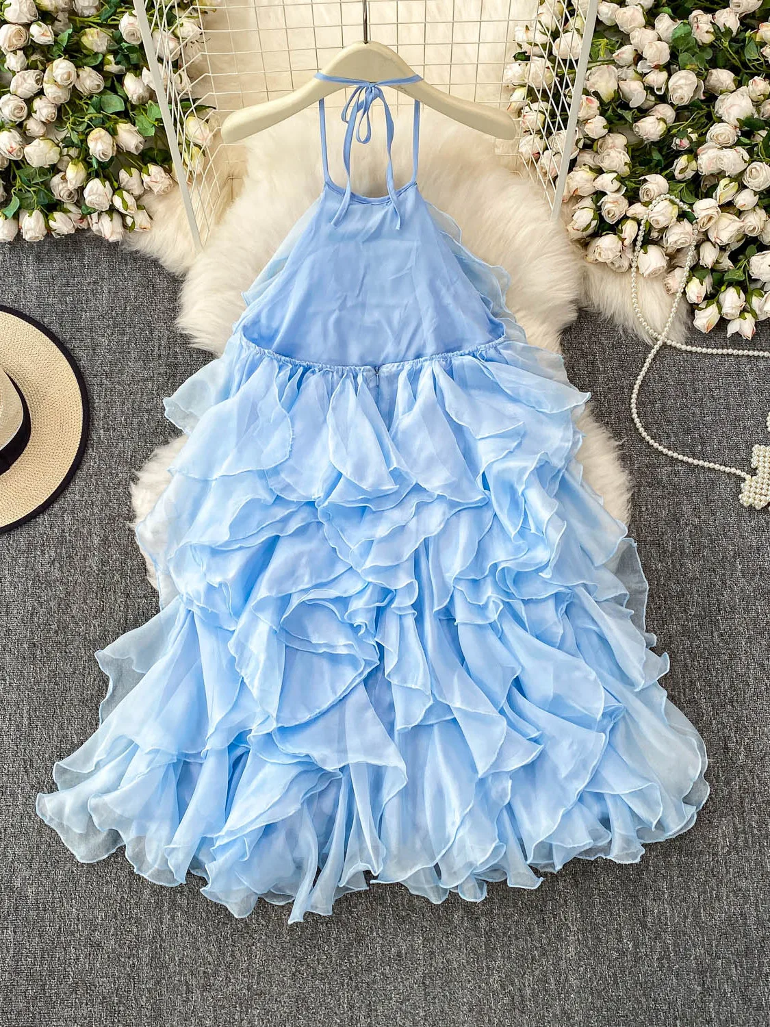 Vestido de Verão Sexy Sem Costas com Alças no Pescoço, Saia de Tule de Cintura Alta Estilo Coreano, Saia em Camadas Cor Pura ...