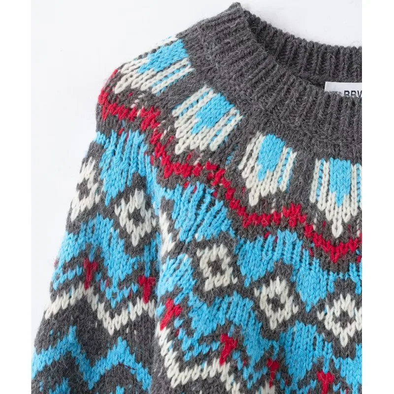 Women Jacquard Knitted Sweater Autumn Winter Round-neck Long Sleeve Sweater Casual Fashion Female Knitwear Pullovers