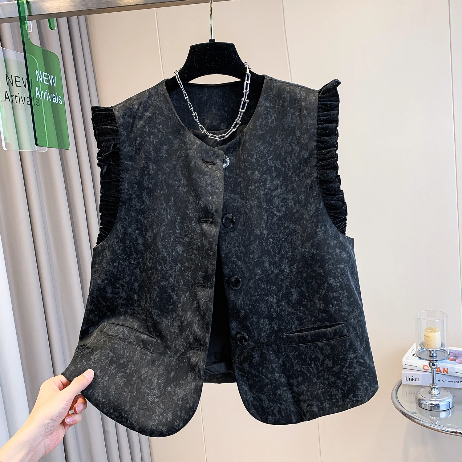 

Loose Fit Velvet Tie Dye Suit Jaet Women's Casual ort Outerwear round Ne Button up Sve Flounce Original Design