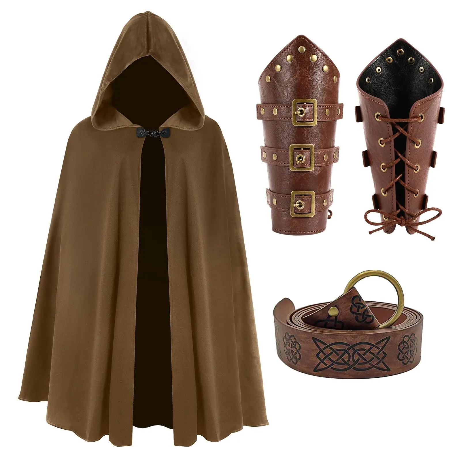

Medieval Cloak with Hood Renaissance Velvet Cape with Viking Belt Leather Bracers Costume Accessories Adult for Halloween