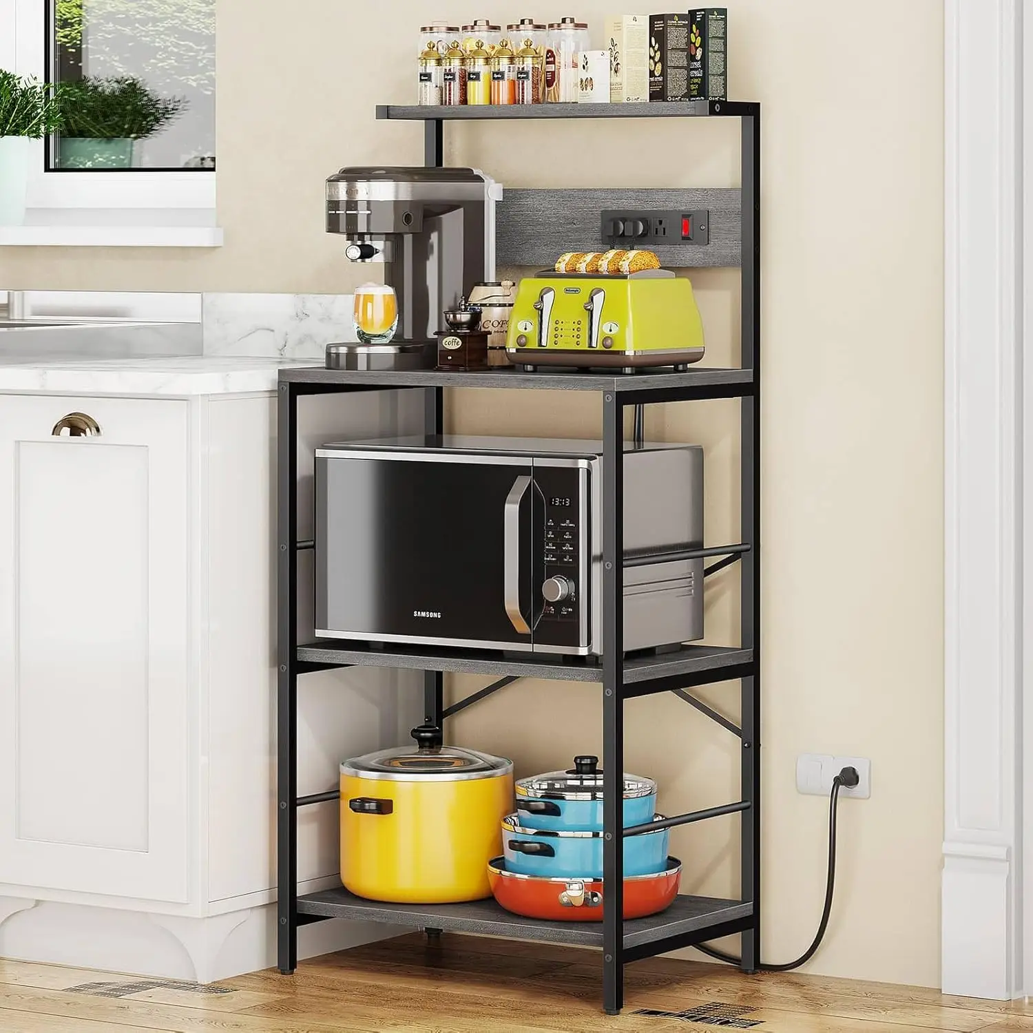 

Bakers Rack with 3 Power Outlets, 4-Tier Kitchen Microwave Stand with Storage, Freestanding Kitchen Shelf Stand