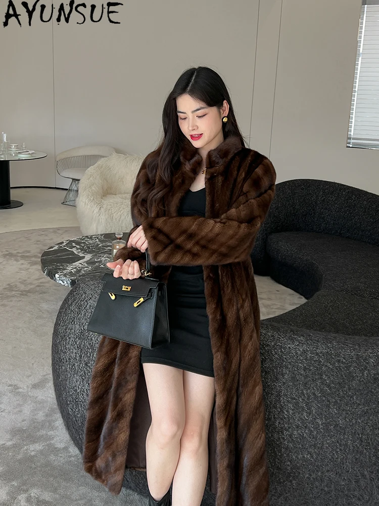 AYUNSUE 2025 Mantel Bulu Mink Alami Wanita Mantel Mink Utuh Mewah Berkualitas Tinggi untuk Pakaian Wanita Kerah Berdiri Abrigo Mujer
