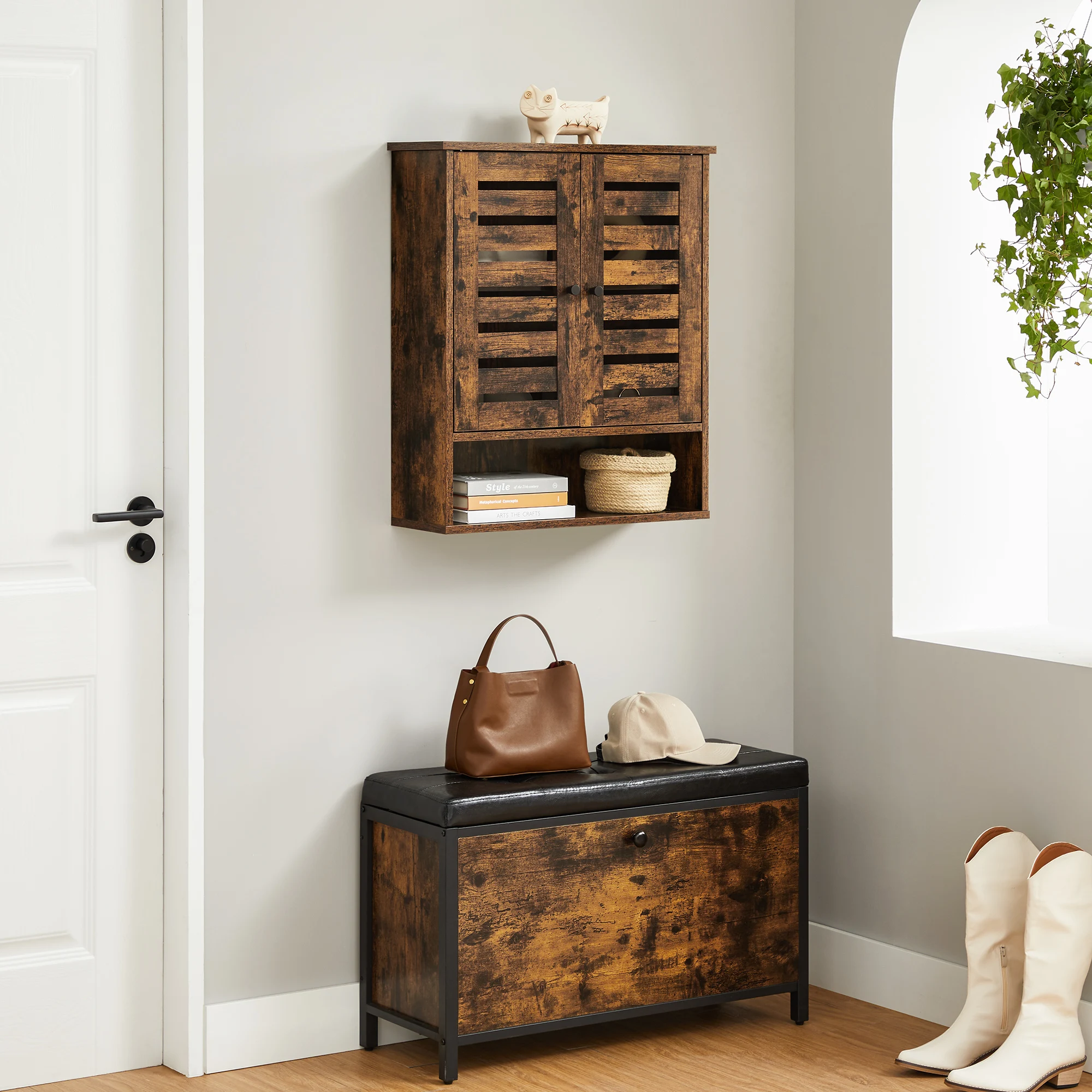 VASAGLE Wandschrank, Badezimmerschrank, Vintage-Design, mit offenem Fach und höhenverstellbarem Einlegeboden, 60 x 20 x 70 cm