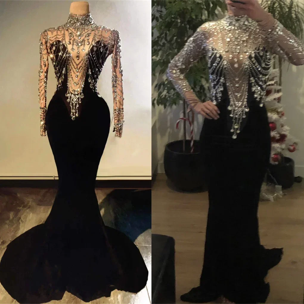 Glister Rhinestone Velvet Mermaid Dress For Women Evening Vintage Style Bachelor Party Banquet Stage Costumes Birthday Outfit