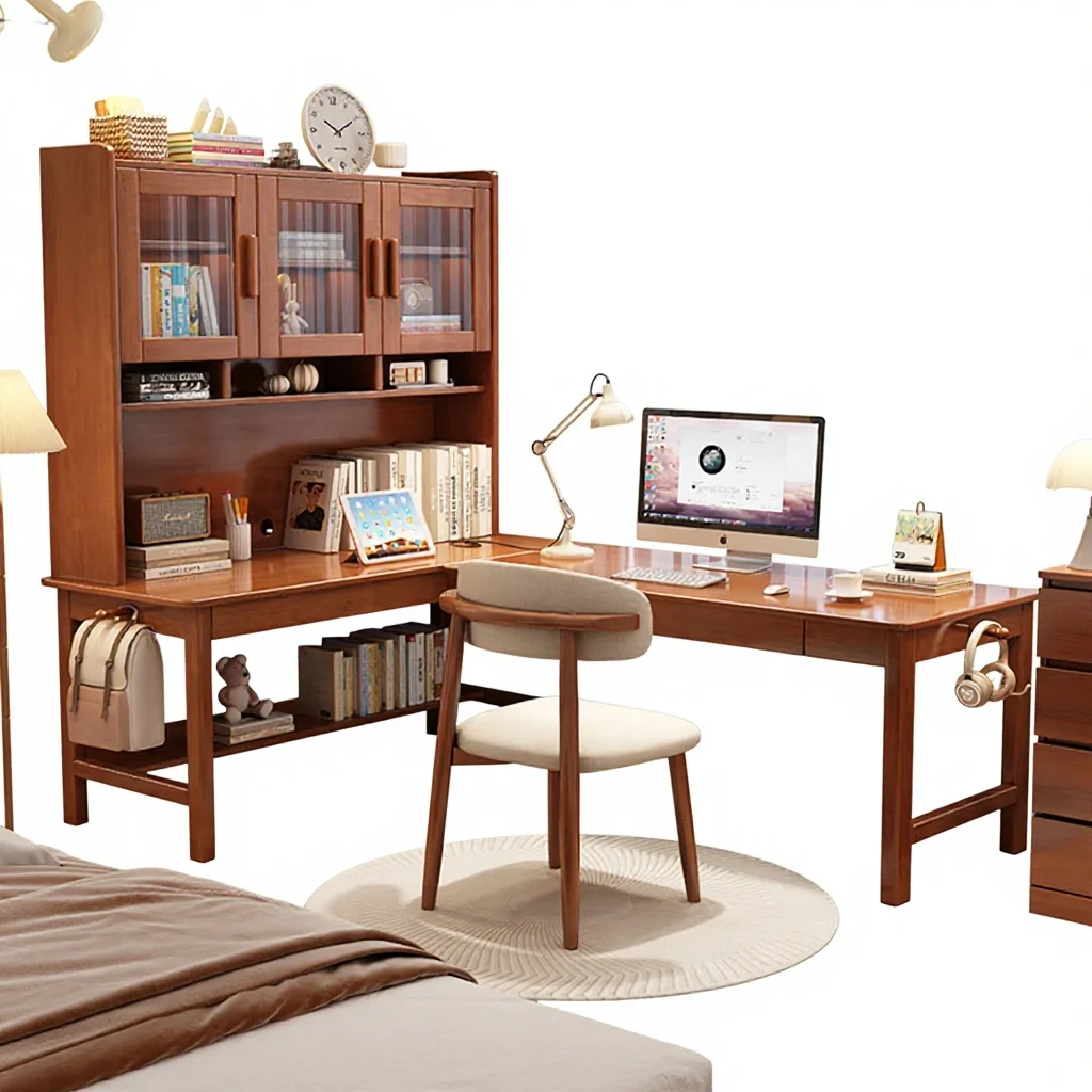

#@Solid Wood L-Shaped Corner Desk with Bookshelf Combo for Middle School Students' Home Bedroom Model 625