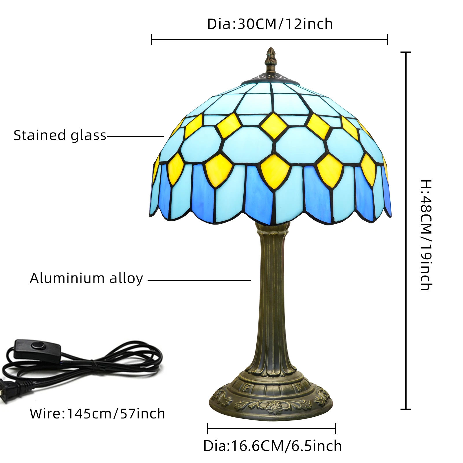Blue Baroque Table Lamp Stained Glass Reading Desk Light for Bedroom Living Room, Handcrafted Artwork for Home Office