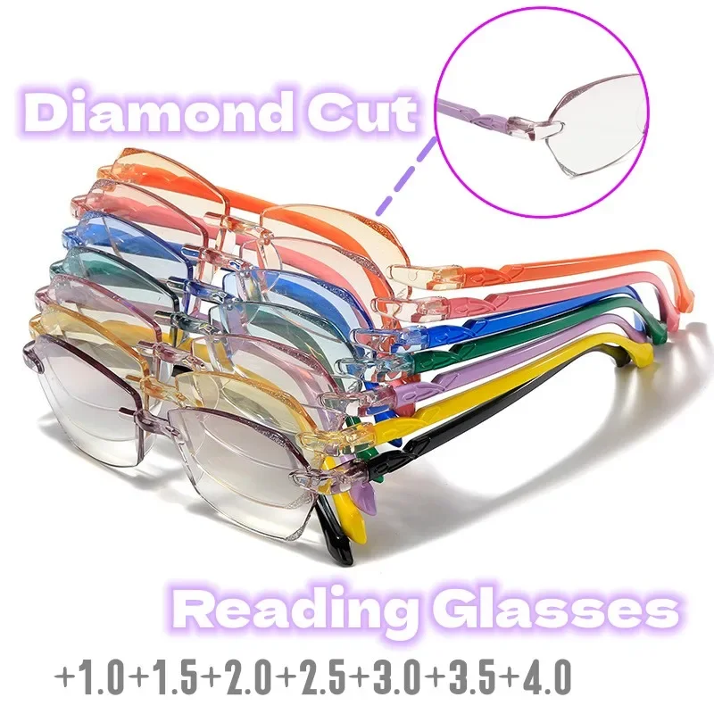 2023 New Style Rimless Reading Glasses Fashion Men Women's Diamond Cut Far Sight Eyeglasses Vintage Ultralight Hyperopia Eyewear