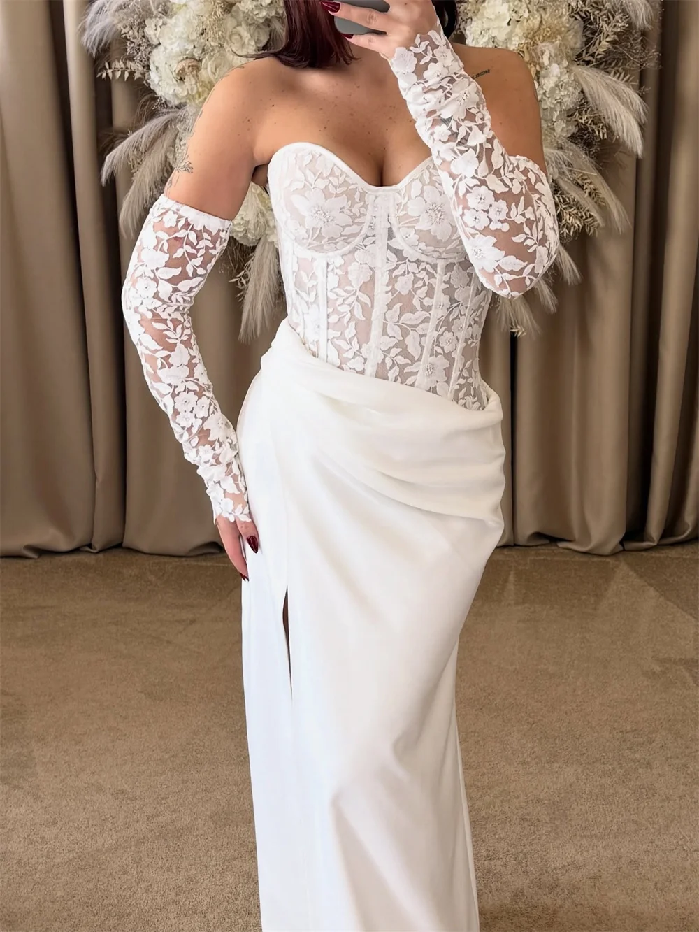 فستان زفاف كيوتو مخصص باللون الأبيض بدون حمالات من الدانتيل حورية البحر أنيق بدون أكمام من فيستدوس دي نوش بطول الأرض للسهرات الرسمية