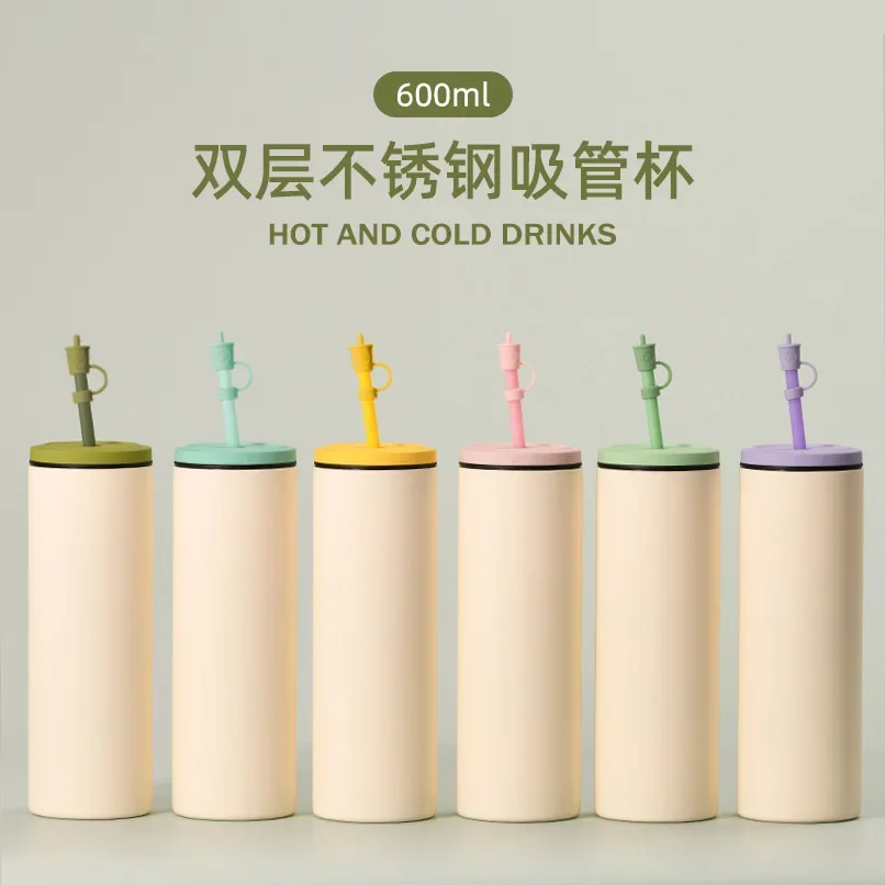 600ML Vacuum Flasks With Straw And Sippy Dust Stopper,Double Layer Stainless Steel Drinkware,Gift Water Bottle,Car Straight Mug