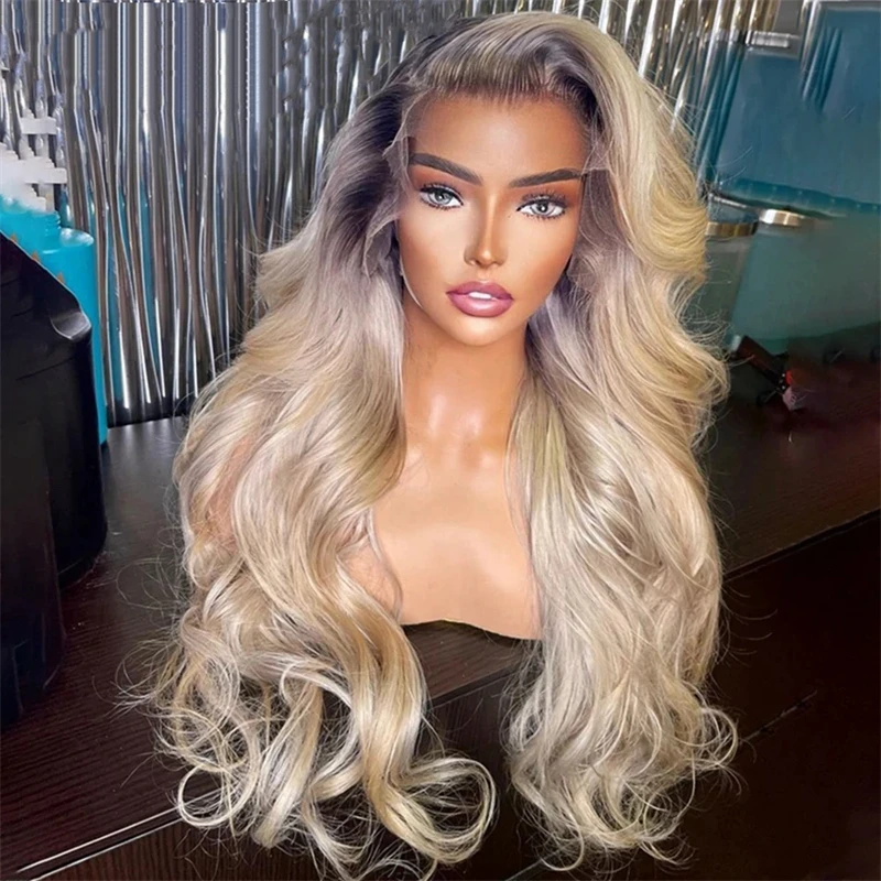 Ombre Platinum Ash Blonde Colored Body Wave 13X4 HD Transparent Lace Front Human Hair Wigs Brazilian Remy Frontal Wig On Sale