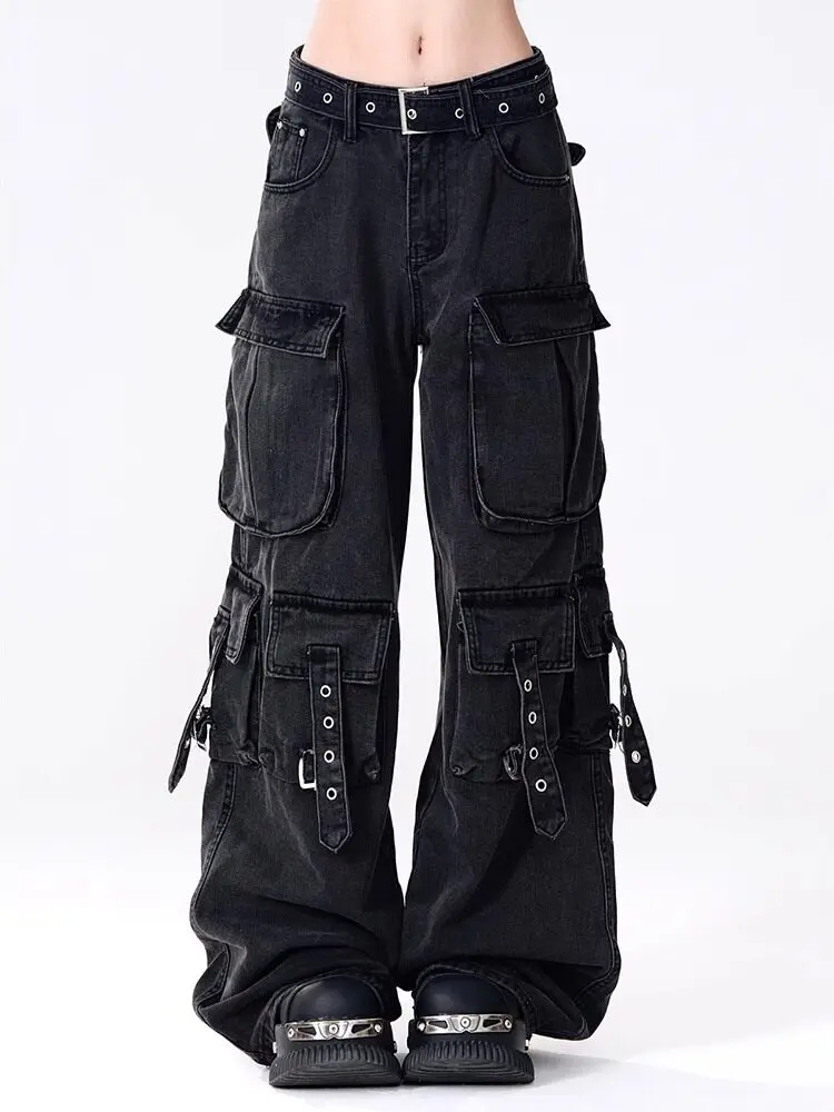 Women Cargo Jeans High Waist Wide Leg Straight Loose Denim Pants New Multi‑Pocket Design American High Street Baggy Trousers