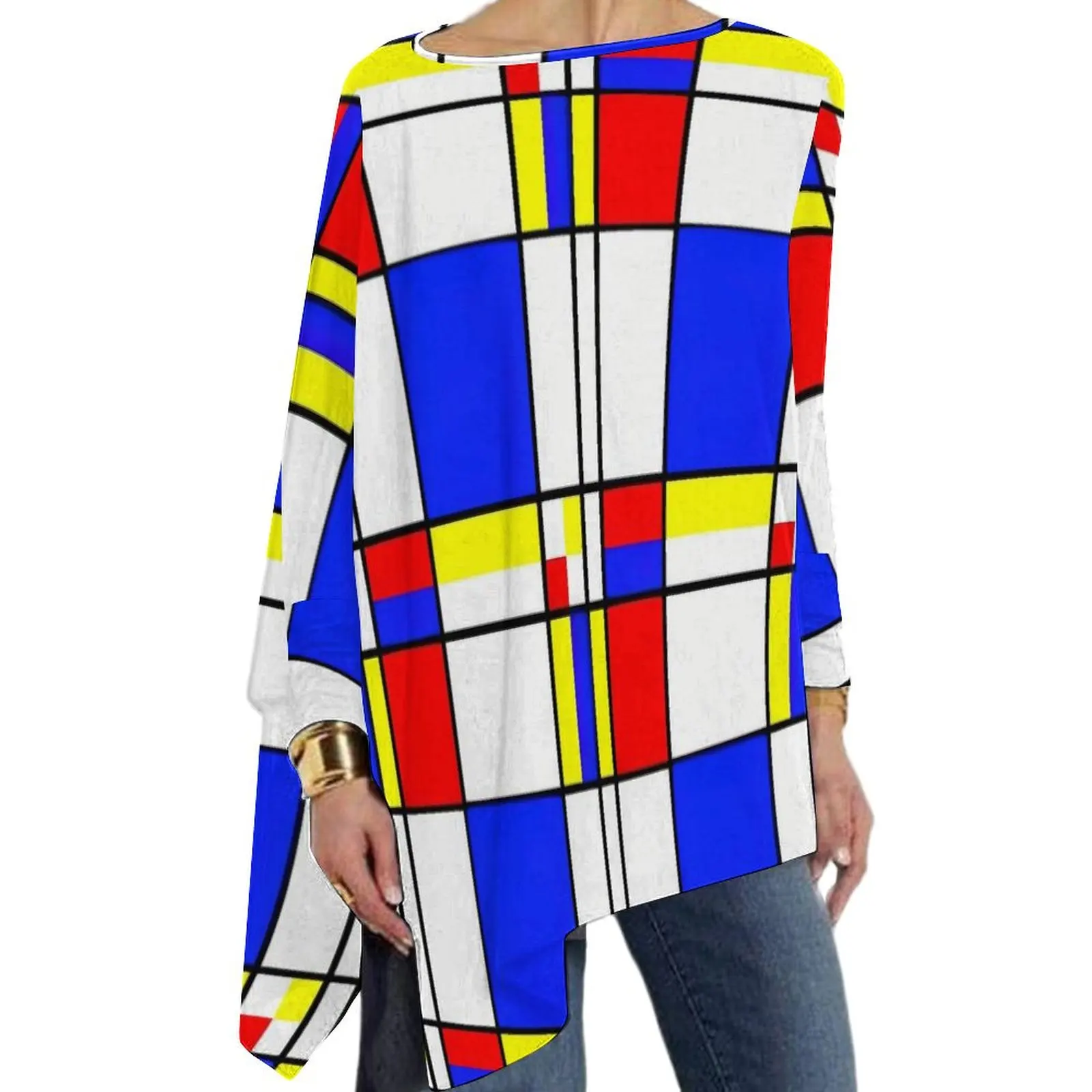 Mondrian T Shirts Colorful Checkerboard Casual Loose Long Sleeve T Shirt Funny Graphic Tees Women Clothing 4XL 5XL 6XL