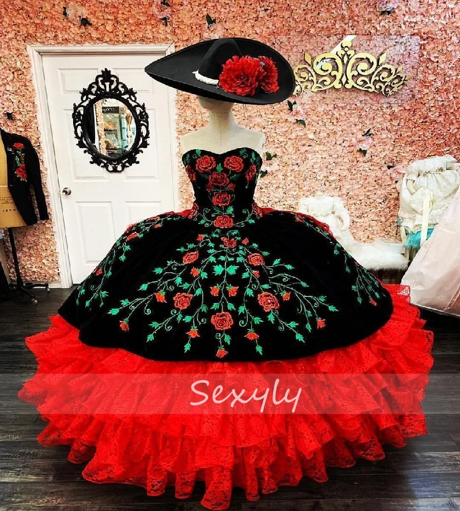

Gorgeous Escaramuza Mexican Quinceanera Dress With Embroidery 2025 Black And Red Lace Vestidos De 15 Años Birthday Customized