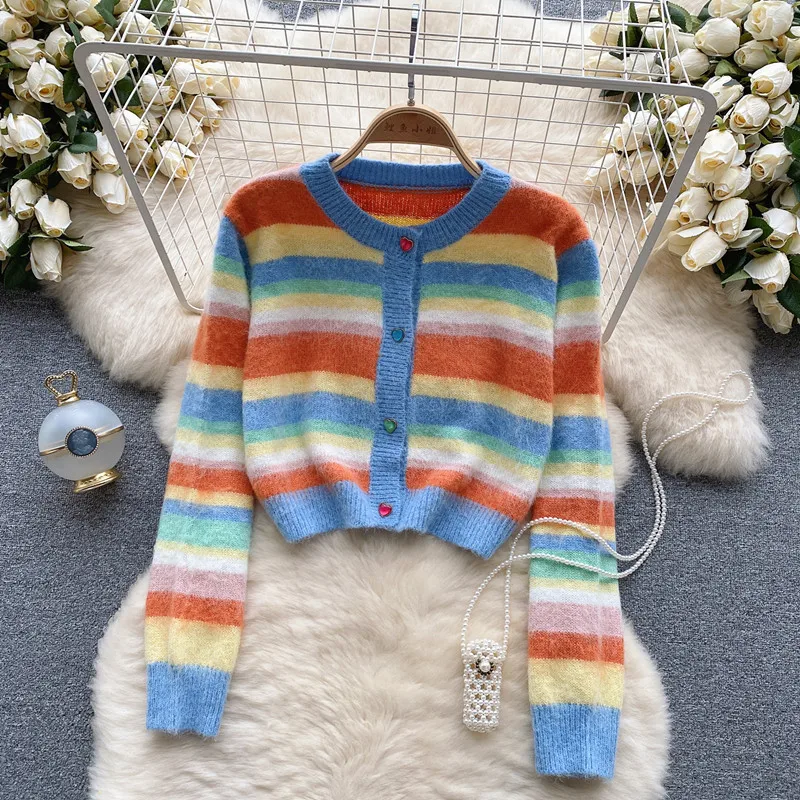 Coat women's 2023 new color matching rainbow striped knitted cardigan for women's Autumn versatile long sleeves Sweater Top