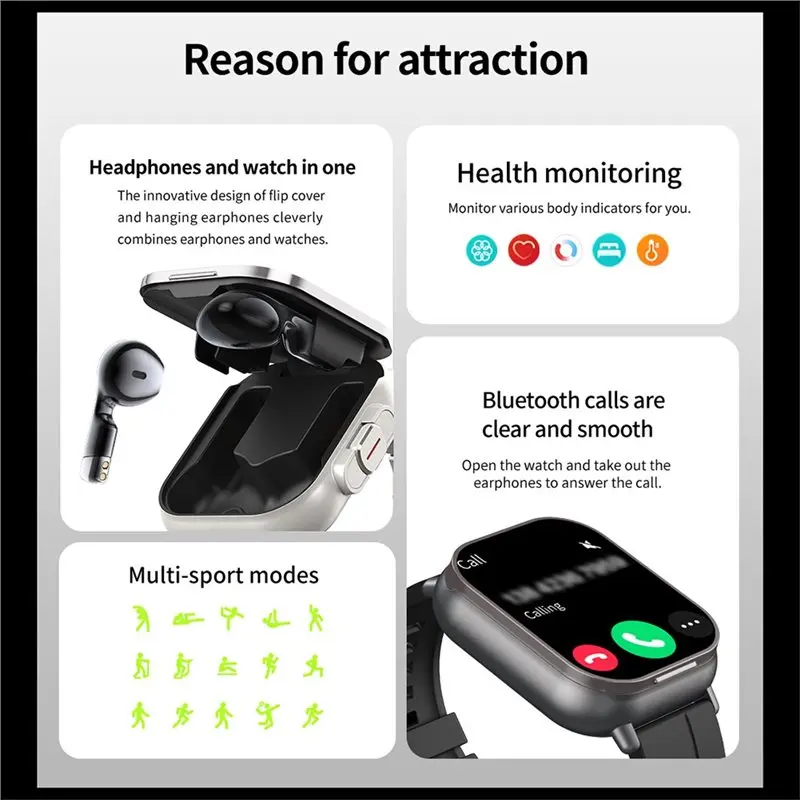 ABKQ-Smart Watch 2 In 1 Wireless Bluetooth Calling Earphones Sports Fitness Record Health Monitor Black