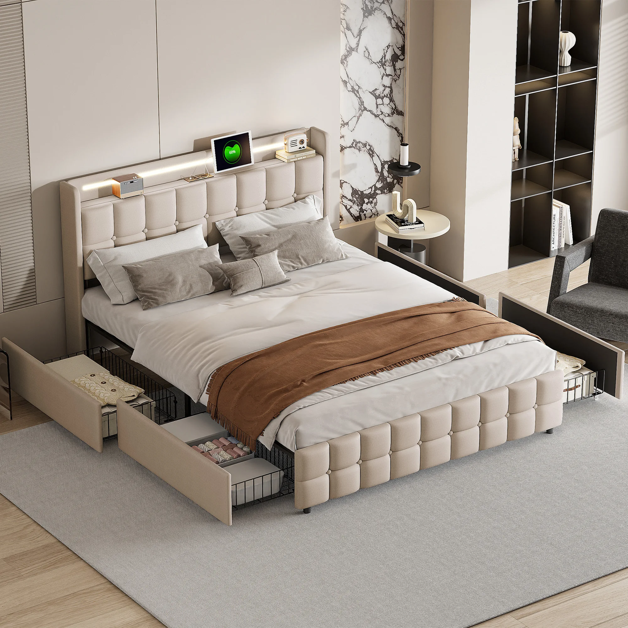 Upholstered Bed with USB Charging Function and LED Headboard and 4 Drawers, Double Bed 180x200cm With Slatted Frame,No Mattress