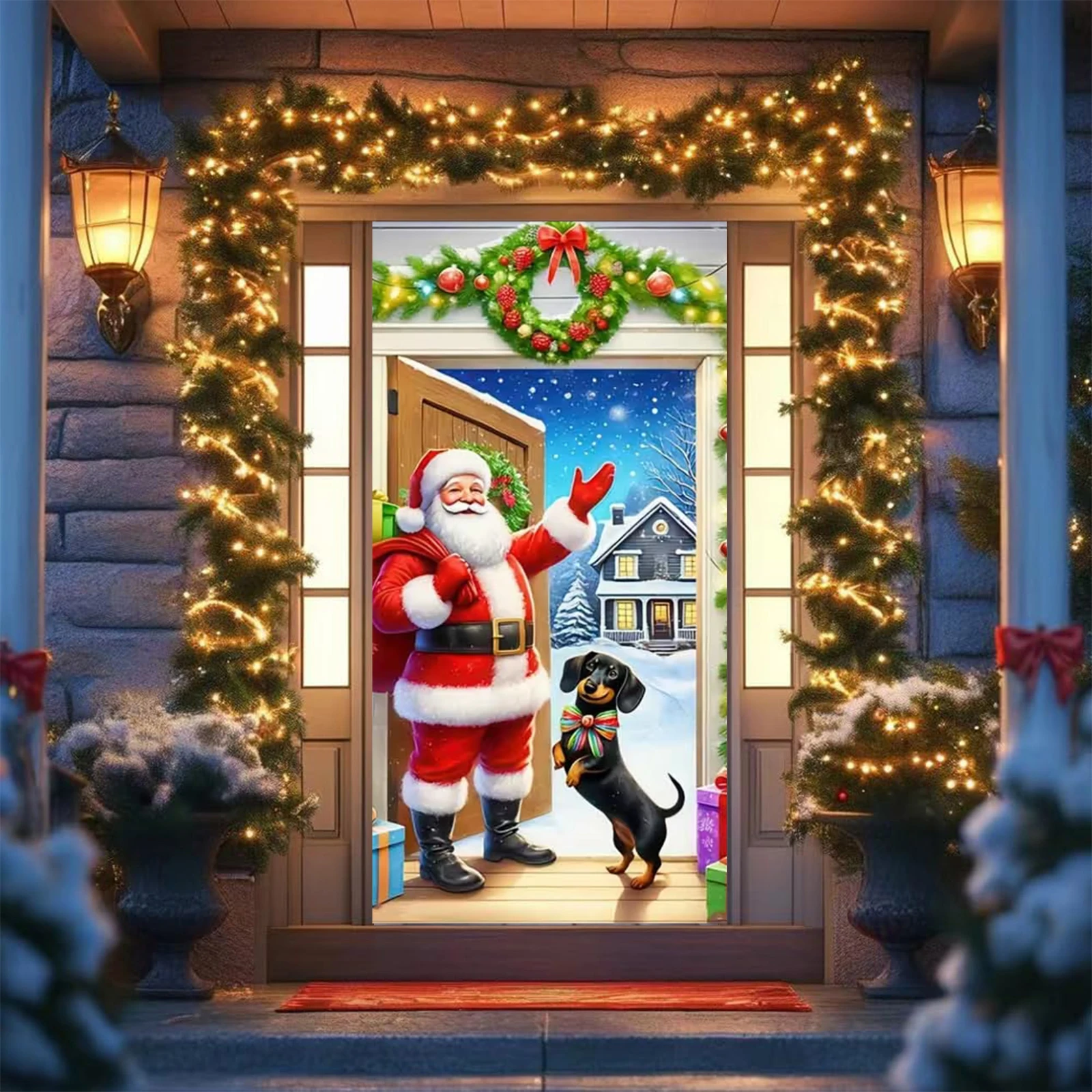 Cute Animals Theme New Year Christmas Decoration Dog Cat Snowman Gingerbread Man Door Cover Holiday Outdoor Winter Prop Gift