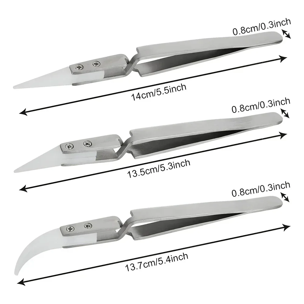 3pcs Reverse Ceramic Heat Resistant Tweezers for Circuit Board Maintenance Chip Soldering, Cross Lock Soldering Tool Set