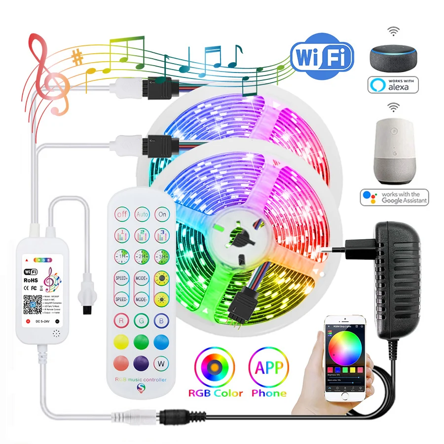 

Светодиодная лента Wi-Fi, инфракрасная лента 10 м, 20 м, 12 В, RGB лента, работает с музыкой Alexa, неоновая лента, гибкие украшения для праздничной вечеринки, огни