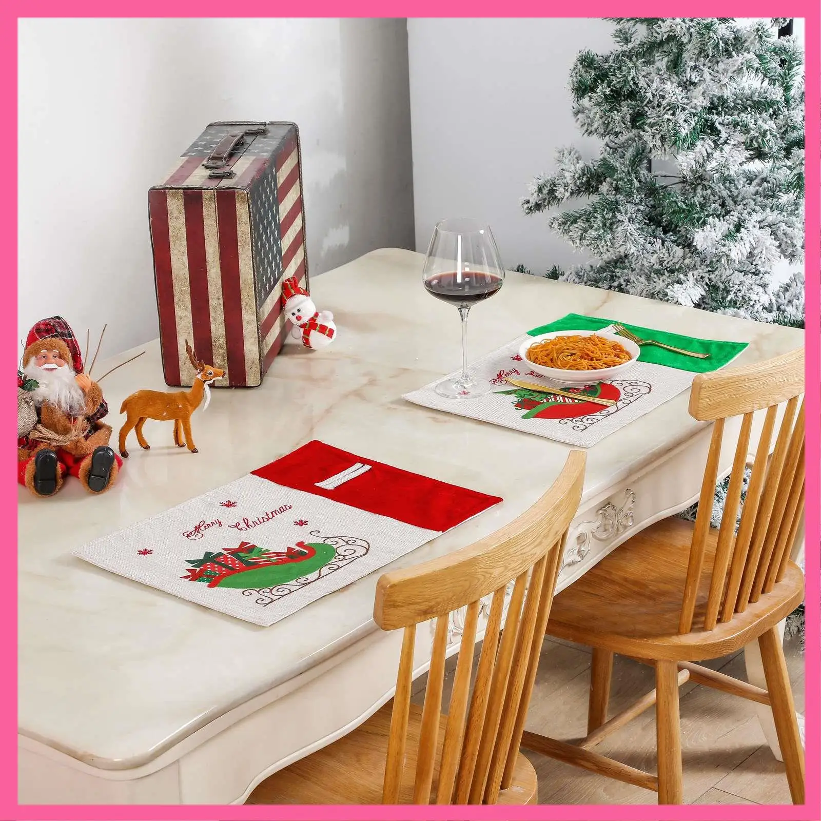 ABNM Merry Christmas Placemats Set Of 2, With Gift Car Printed, Non-Slip Placemats Washable Table Mats, 13 X 18 Inch