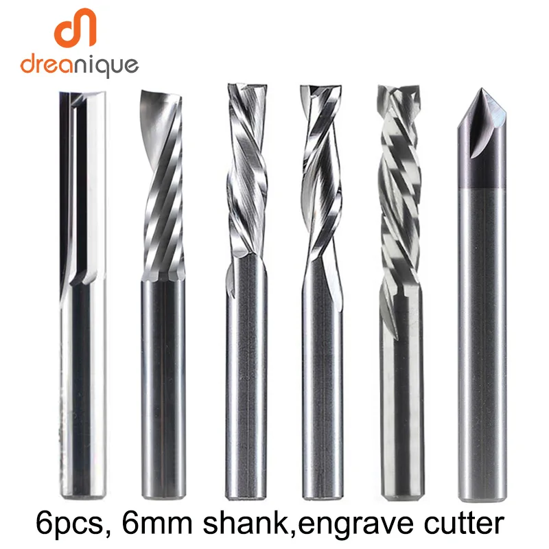 

CNC Solid Carbide engraving bits milling cutter woodwork set 6mm shank router bits for carving wood tools