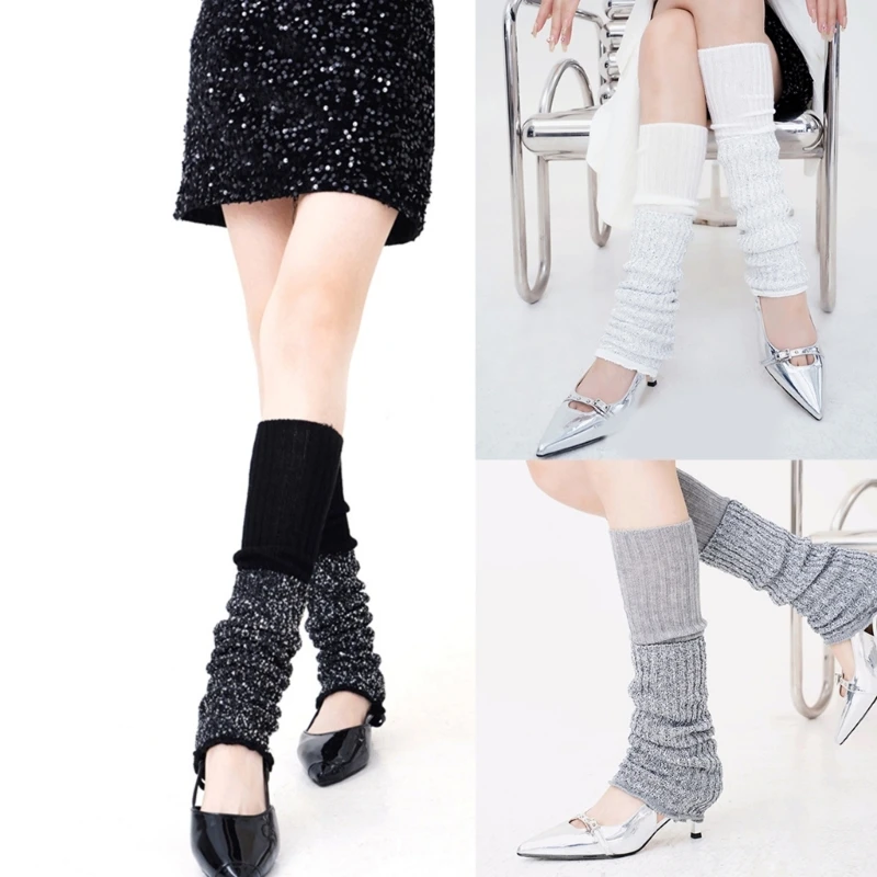 

Trendy Glittering Sequins Embellished Ribbed Knit Leg Warmer Versatile Footwear Accessory Long Boot Socks for Women