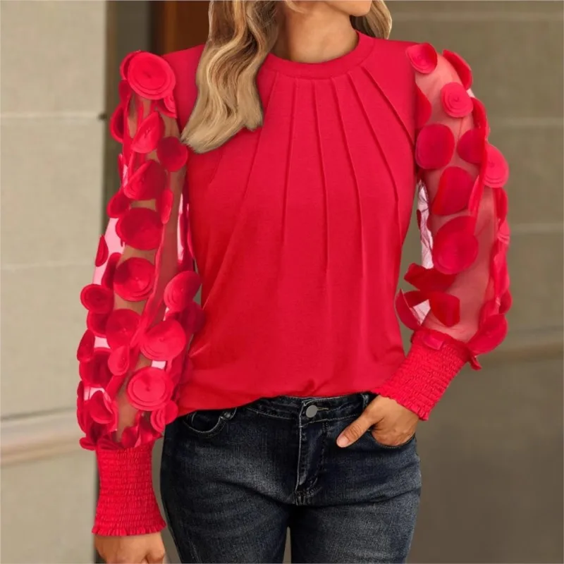 Women's Elegance Blouse Top Petal Sleeves Solid Color Top T-shirt Pullover Fold Tops 2025 Spring Autumn New Fashion Casual Shirt