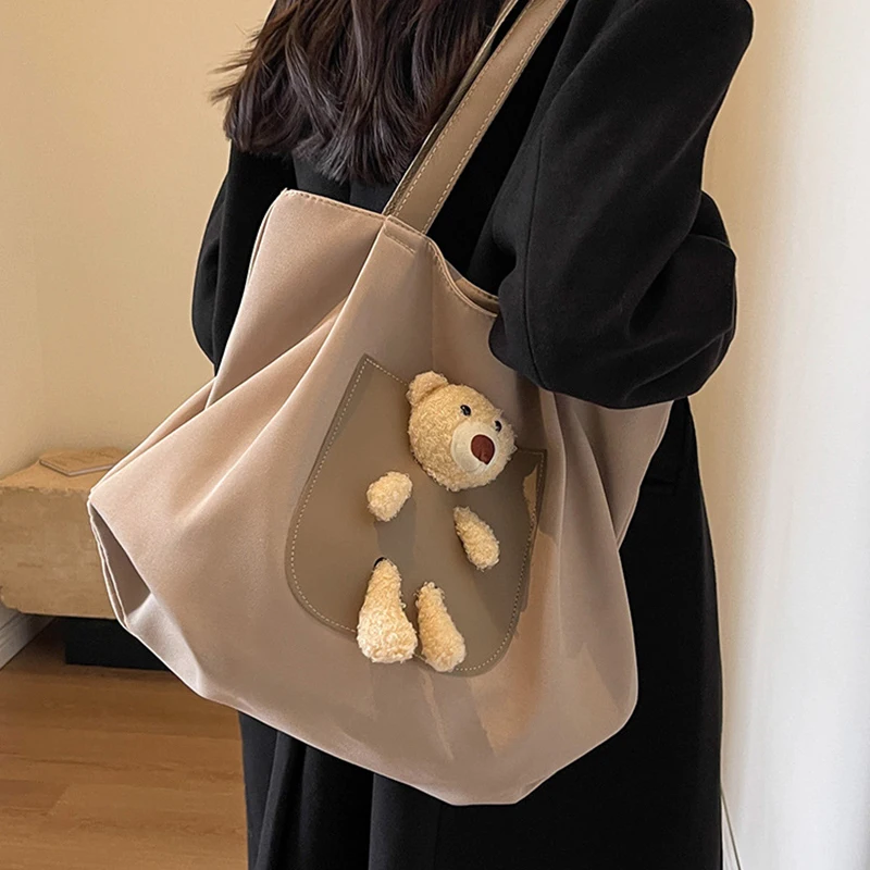 New Large Capacity Bag Female Cute Plush Bear Canvas Bag Cute Plush Bear Canvas Bag College Students Commute to Class Tote Bag