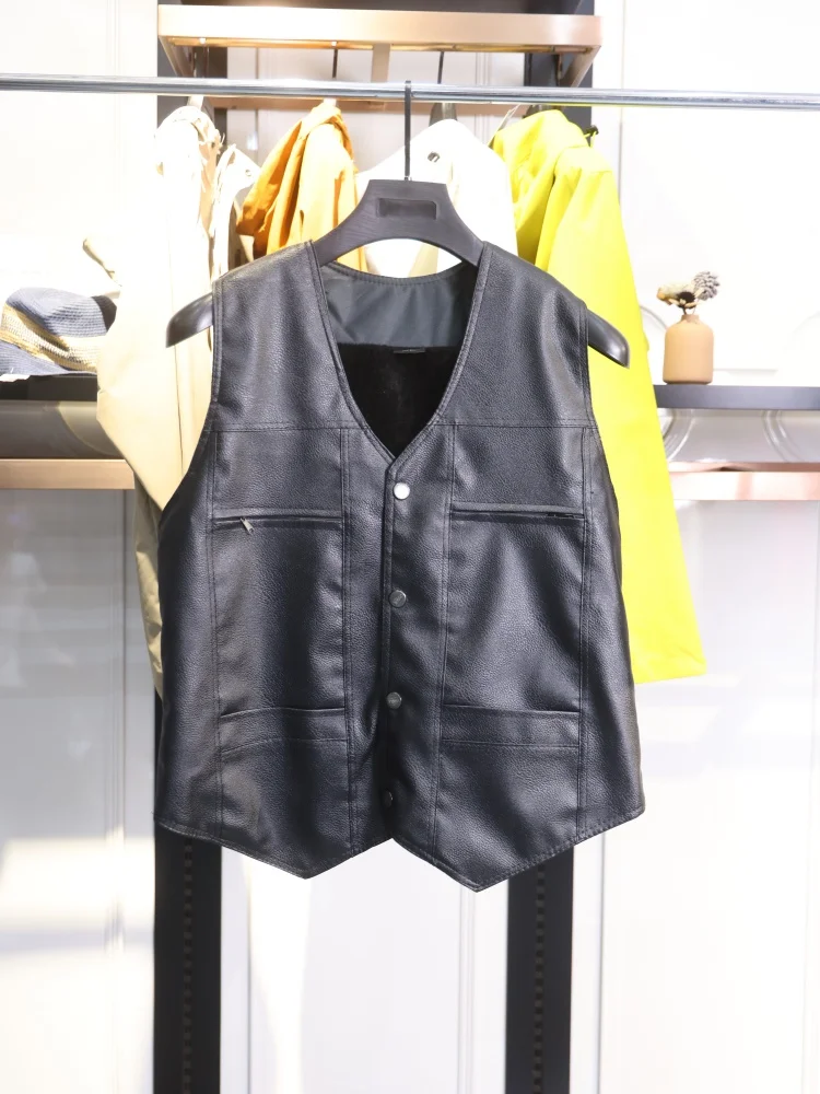 

Мужской кожаный жилет Ele с подкладкой, повседневный, теплый, модный, городской стиль, с V-образным вырезом, удлиненный, для осеннего сезона