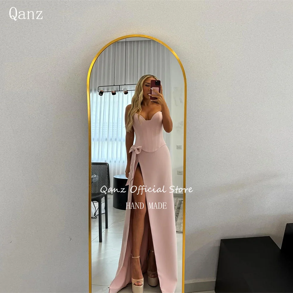 

Qanz Modest High Slit Satin Prom Dresses Pink Mermaid With Bow Wedding Party Dress Corset Back Vestidos Para Mujer Customized
