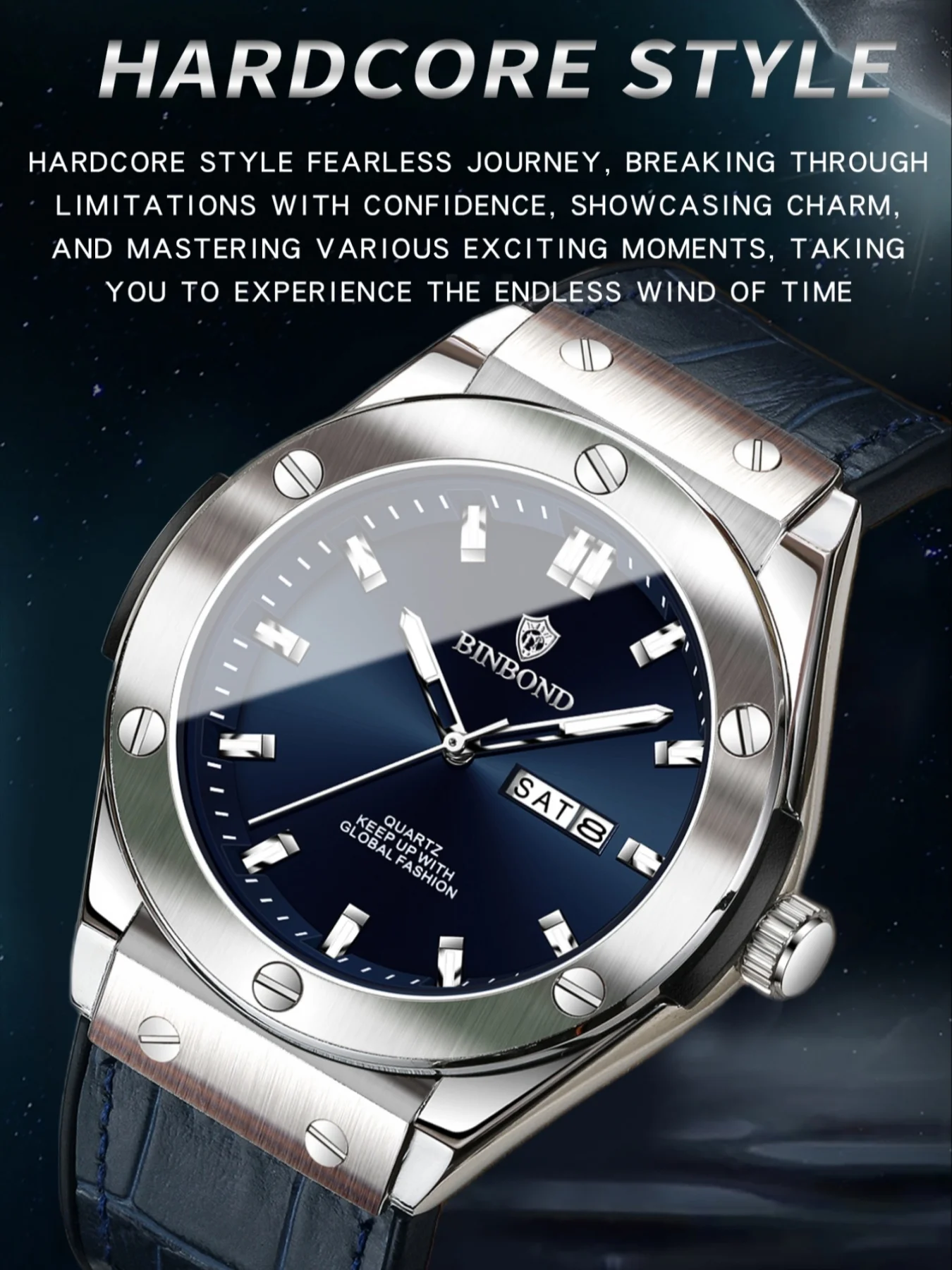 BINBOND Business Men's Watch 30M Waterproof Luminous Hands Date Calendar Function Men's Watch Stainless Steel Quartz Men's Watch image 4