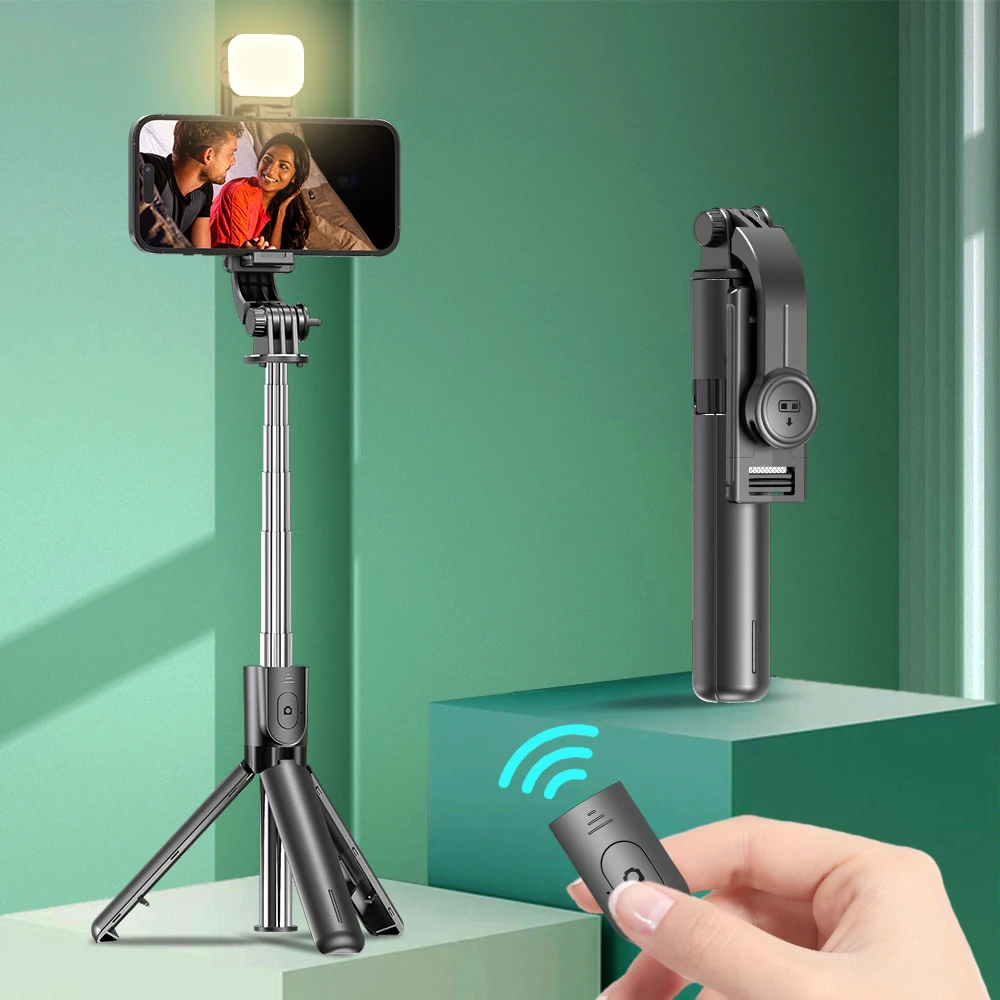 Soporte de escritorio con trípode para palo de Selfie Bluetooth, soporte para teléfono, obturador remoto inalámbrico, para iPhone Android, opción con luz de relleno
