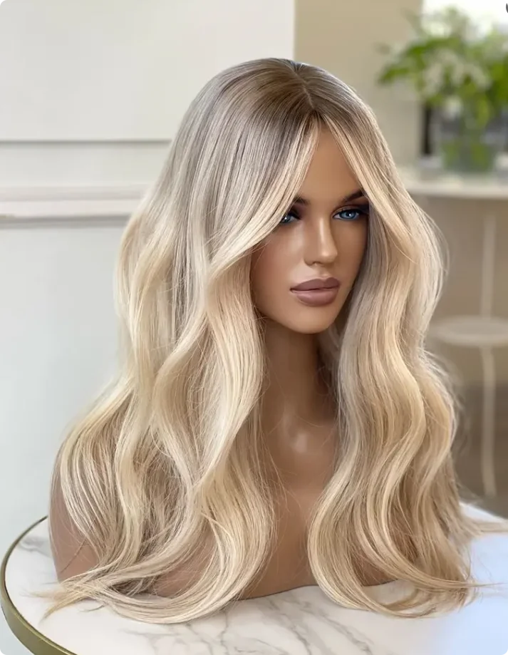 Synthetic Lace Front Wig Light Blonde Wig Long Wave Wig With Dark Roots Glueless Preplucked Hairline for Party Cosplay Daily Wig