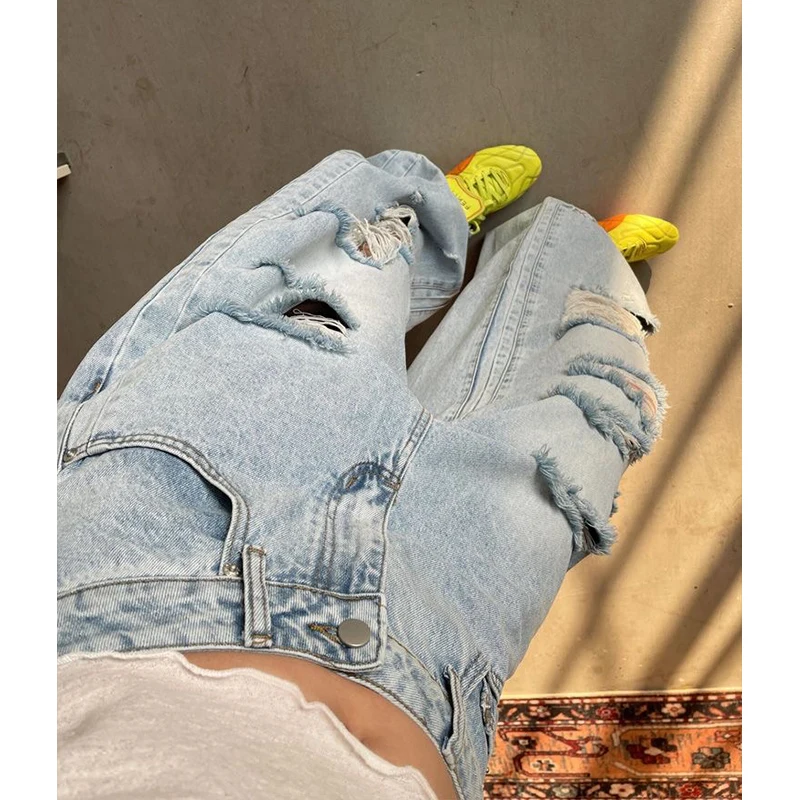 Vintage lichtblauwe gescheurde jeans dames hoge taille rechte baggy denim broek streetwear Y2K Amerikaanse retro wijde pijpen broek