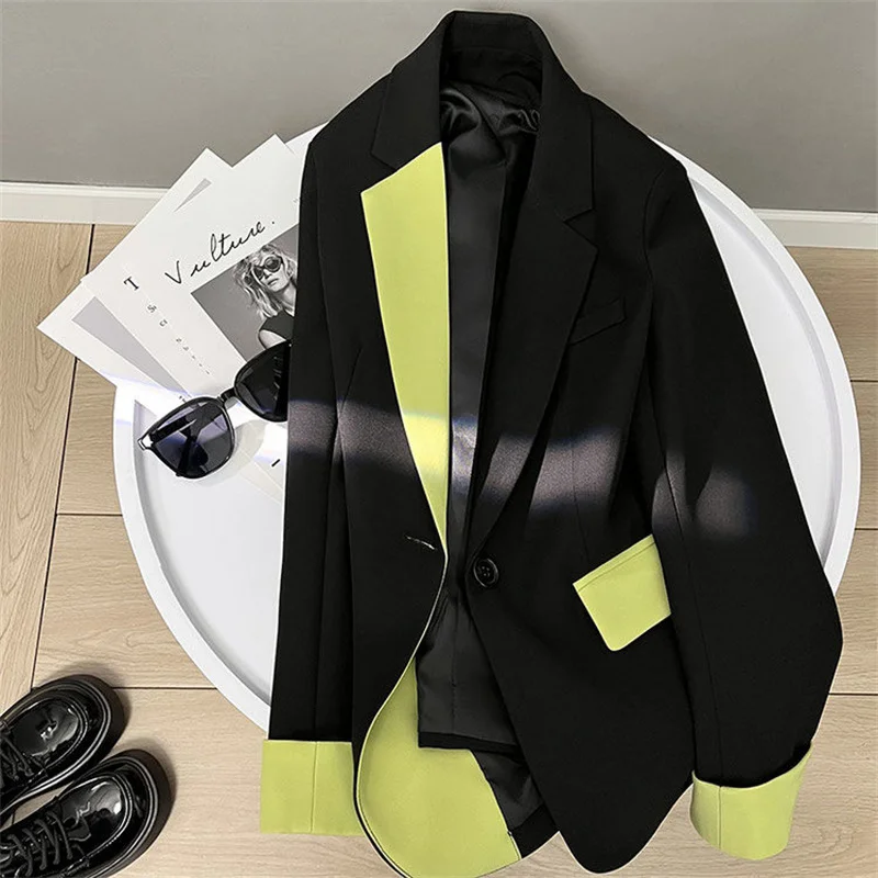 Blazer de manga larga a la moda para mujer, chaqueta negra de retazos contrastantes, traje informal de oficina que combina con todo, Otoño, 2024