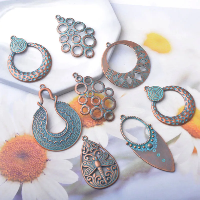 12 Stück/Set Ethnische Antik-Bronze-Anhänger für Schmuckherstellung, Vintage Runde Muschel Quadratische Boho-Anhänger DIY Damen-Ohrringe – Detail 3