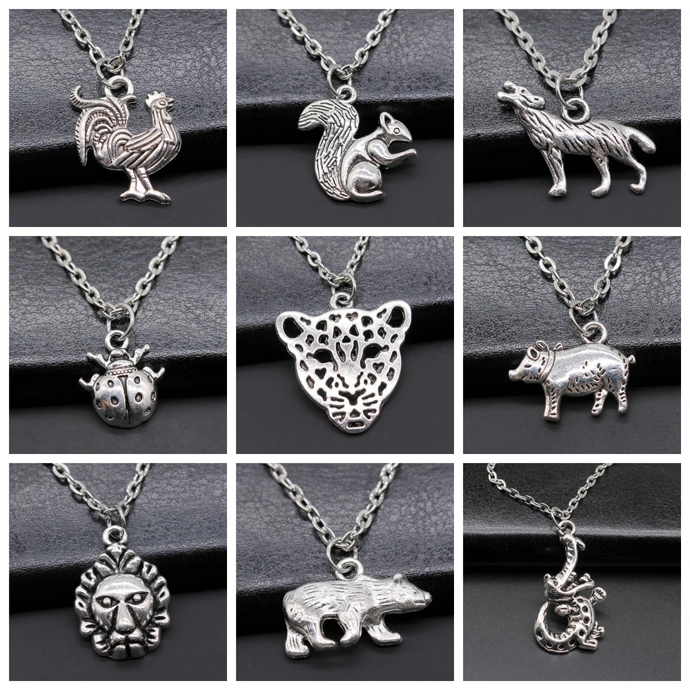 30 Styles Animal Pendant Necklace Antique Silver Color Plated Sloth Monkey Leopard Squirrel Rooster Frog Wolf Rhino Necklace - view 3