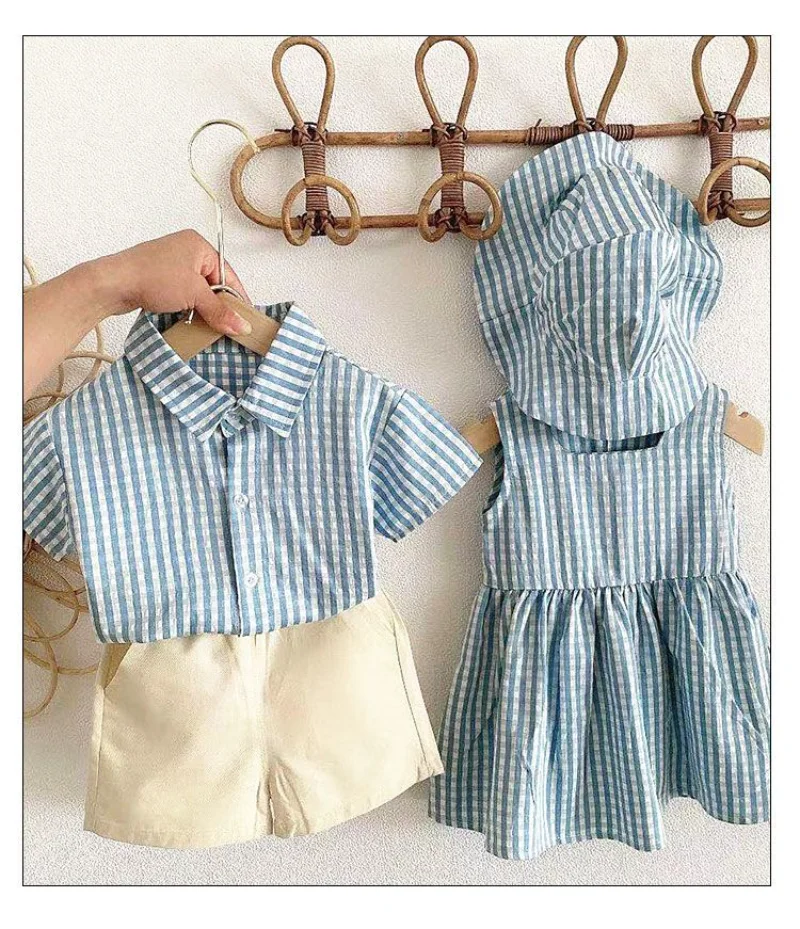 1-8Y Brother and Sister Outfit Summer Kid Children Clothes Baby Boy Plaid Short Sleeve Shirt + Shorts Suit Baby Girl Dress