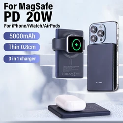 3 in 1 Power Bank For MagSafe,Magnetic wireless Portable External Auxiliary Battery for Apple Watch iPhone 16/15/14/13/12 Mini