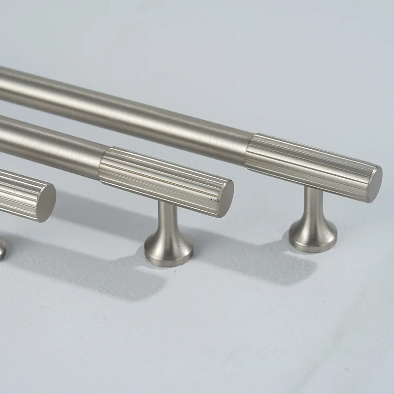 KEDLO European Light Luxury Solid Brass Long Handle Vertical Pattern Vintage Knob Cabinet Drawer Nickel Brushed Handle