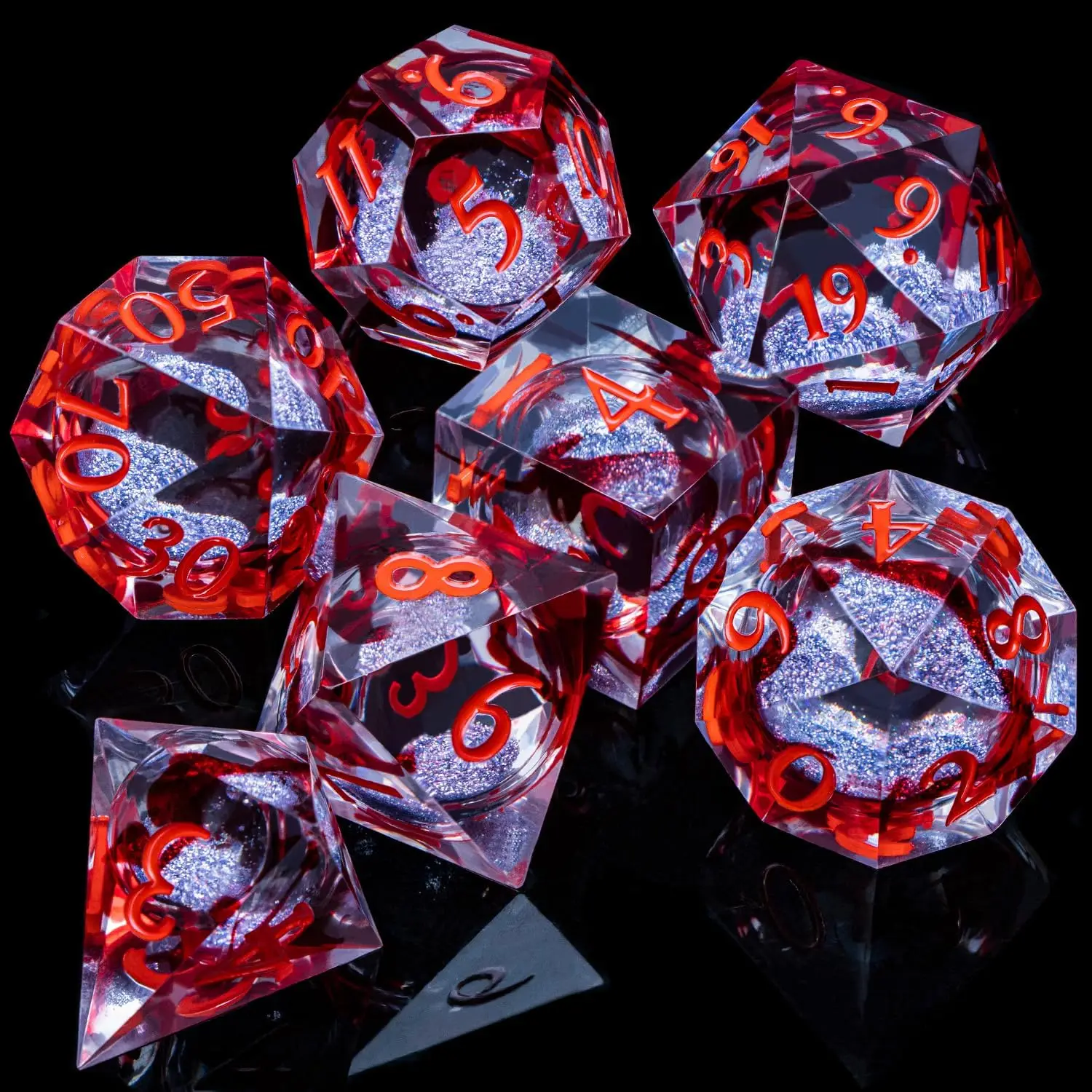 

7-piece set of handmade resin flow core dice, multi-faceted math teaching dice, suitable for role-playing games and board games: