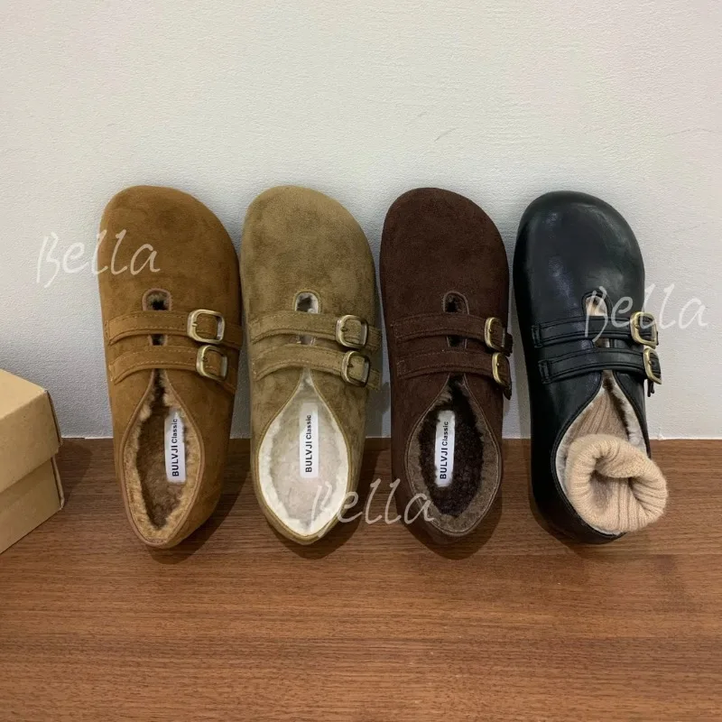 

2025 Retro Mary Jane Shoes Women's Spring Autumn Round Toe Casual Shoes Suede Thick Bottom Double Buckle Strap Flat Lazy Loafers