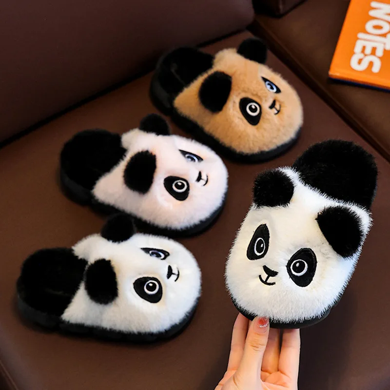 2026 Autumn Winter Children Cotton Slippers Boys Warm And Plush Panda Slippers Cute Cartoon Girls Home Slippers