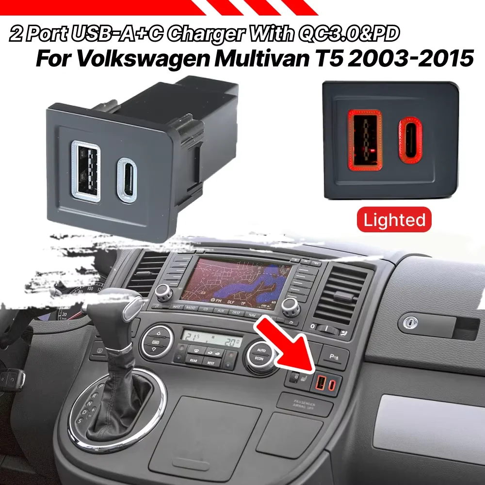 Car USB Charger Adapter Socket For VW Multivan T5 2003-15 Dual USB Type C PD+QC3.0 Car Charger Phone Charge Power Adapter Outlet